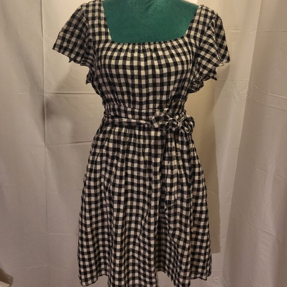 💟🖤Modcloth Gingham Flutter Sleeve Dress Black White Square Neck M
